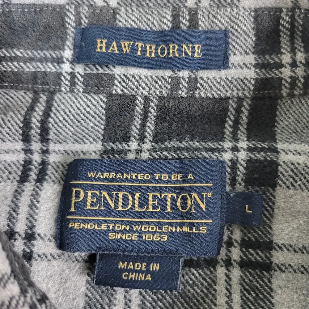Pendleton Hawthorne Mens Large‎ Black Gray Plaid Button Up Long Sleeve Flannel